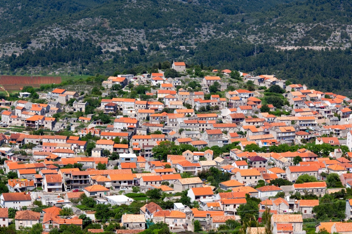 Blato village panorama with church on top of the hill- Korcula island, Croatia